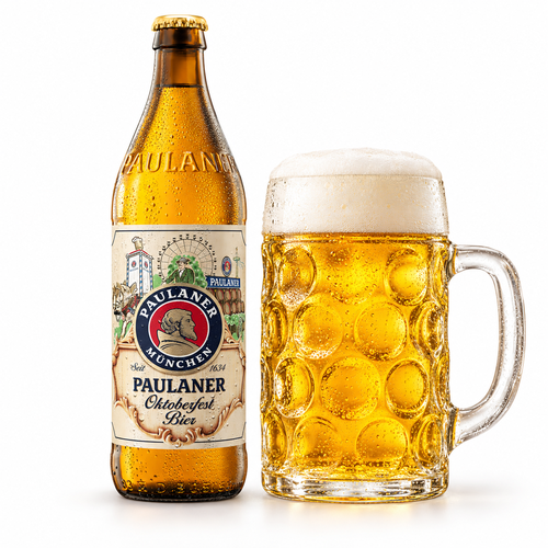 パウラーナー オクトーバーフェストビアのボトルと黄金色のビールを注いだグラス