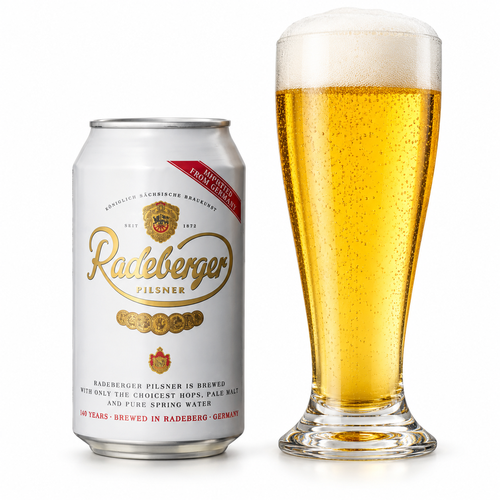 ラーデベルガー ピルスナーの缶と透明感のある蜂蜜色のビールを注いだグラス