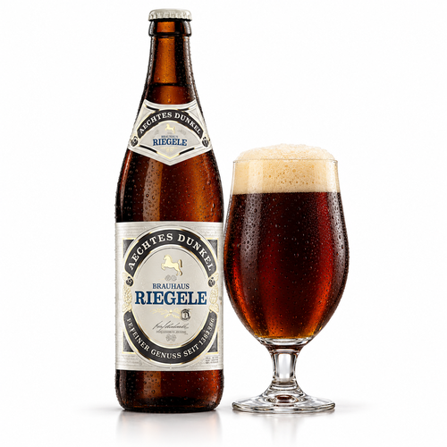 リーゲレ エヒテス ドゥンケルのラベル付き瓶全体とビールを注いだグラス(生成イメージ)