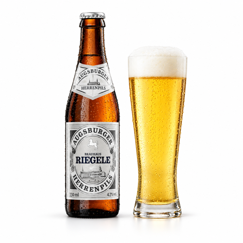 リーゲレ アウグスブルガー ヘレンピルスのラベル付き瓶全体とビールを注いだグラス（生成イメージ）
