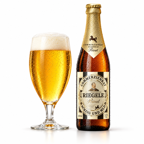 リーゲレ コメルツィエンラート プリヴァートのラベル付き瓶全体とビールを注いだグラス（生成イメージ）