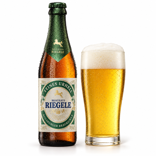 リーゲレ ファイネス ウアヘルのラベル付き瓶全体とビールを注いだグラス（生成イメージ）