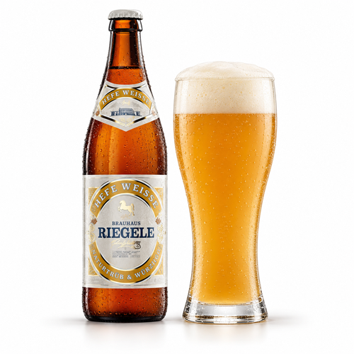 リーゲレ ヘーフェ ヴァイセのラベル付き瓶全体とビールを注いだグラス（生成イメージ）