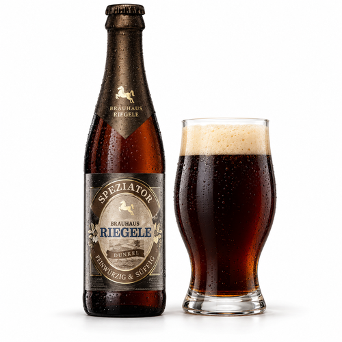 リーゲレ スペツィアトール ドゥンケルのラベル付き瓶全体とビールを注いだグラス（生成イメージ）