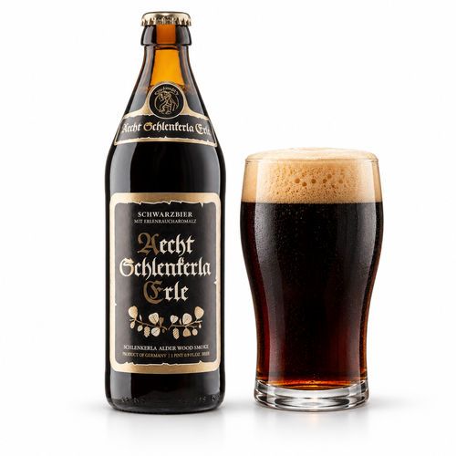 シュレンケルラ エルレ シュヴァルツビアのボトルと黒に近い濃色のビールを注いだグラス
