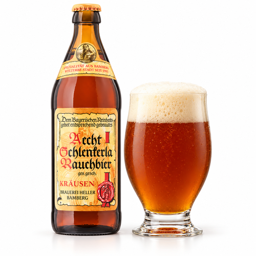 シュレンケルラ クロイゼンのボトルと琥珀色(無濾過)のビールを注いだグラス