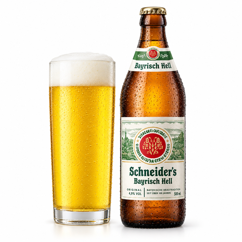 シュナイダー バイエリッシュ ヘルのラベル付き瓶全体とビールを注いだグラス(生成イメージ)