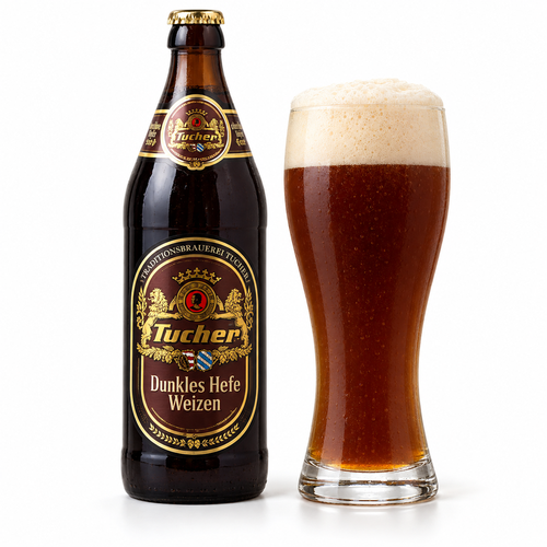 トゥーハー ドゥンクレス ヘーフェ ヴァイツェンのラベル付き瓶全体とビールを注いだグラス(生成イメージ)
