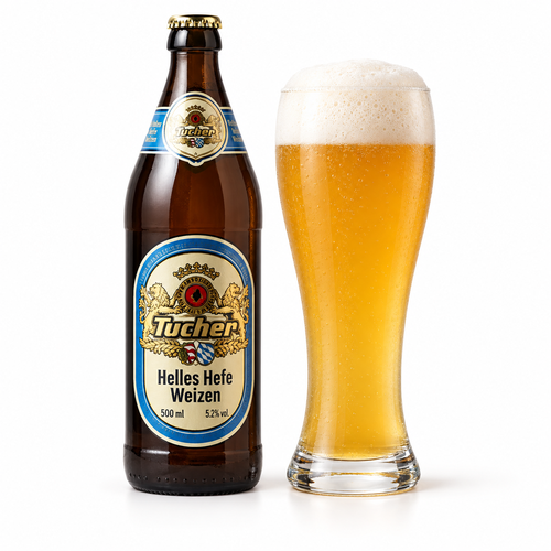 トゥーハー ヘレス ヘーフェ ヴァイツェンのラベル付き瓶全体とビールを注いだグラス(生成イメージ)