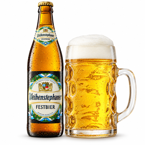 ヴァイエンシュテファン フェストビアのボトルと濃い黄金色のビールを注いだグラス