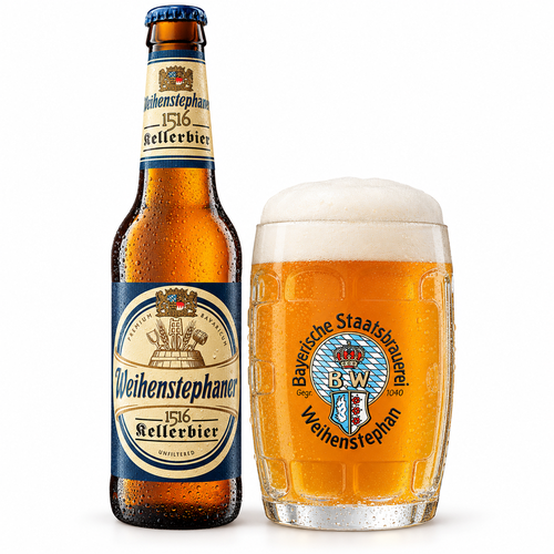ヴァイエンシュテファン 1516 ケラービアのボトルと軽く濁った琥珀色のビールを注いだグラス
