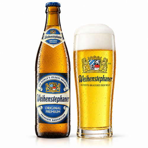 ヴァイエンシュテファン オリジナル ヘレスのボトルと麦わらを思わせる黄金色のビールを注いだグラス