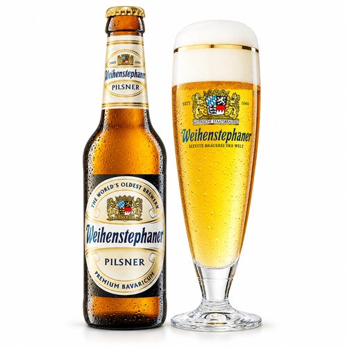 ヴァイエンシュテファン ピルスナーのボトルと明るい黄金色のビールを注いだグラス