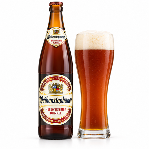 ヴァイエンシュテファン ヘフェヴァイスビア ドゥンケルのラベル付き瓶全体とビールを注いだグラス(生成イメージ)