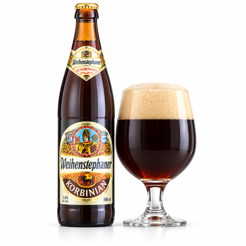 ヴァイエンシュテファン コルビニアンのラベル付き瓶全体とビールを注いだグラス（生成イメージ）