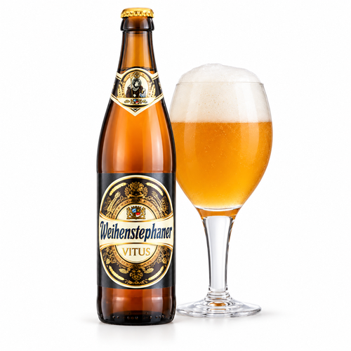 ヴァイエンシュテファン ヴィタスのラベル付き瓶全体とビールを注いだグラス（生成イメージ）