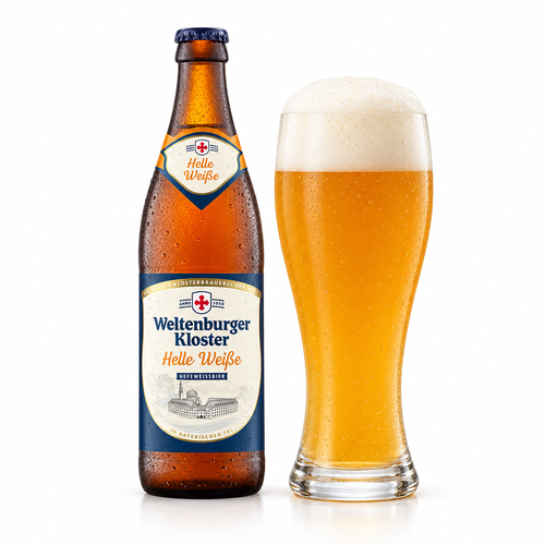ヴェルテンブルガー 白ビール(ヘル・ヴァイス)のラベル付き瓶全体とビールを注いだグラス(生成イメージ)