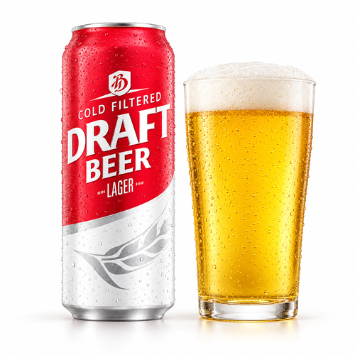 バリハイ ドラフトビールのラベル付き缶とビールを注いだグラス