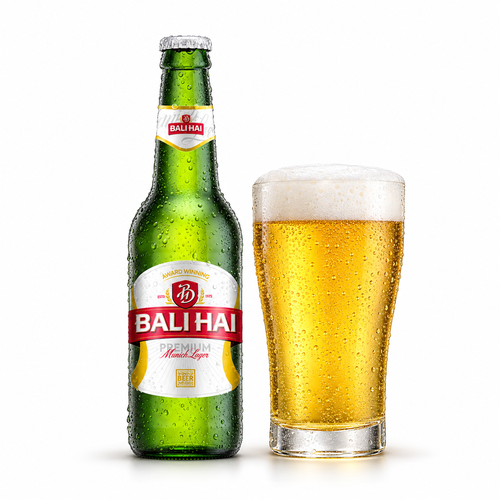 バリハイ プレミアムのラベル付き瓶とビールを注いだグラス