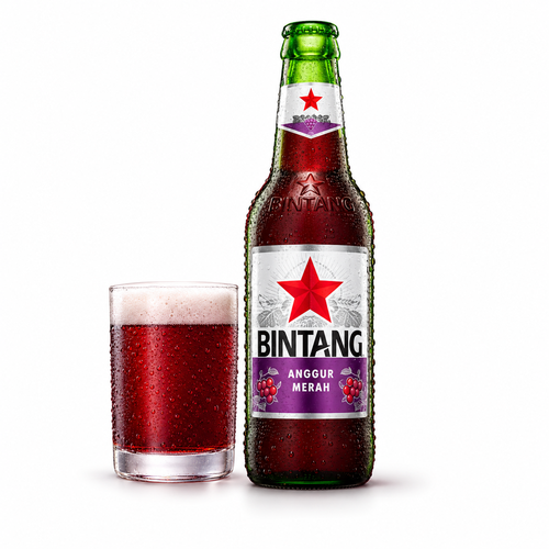 ビンタン アングール・メラのラベル付き瓶とビールを注いだグラス