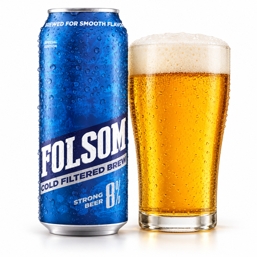 フォルサム 8%のラベル付き缶とビールを注いだグラス