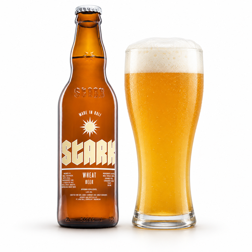 スターク ウィートビールのラベル付き瓶とビールを注いだグラス