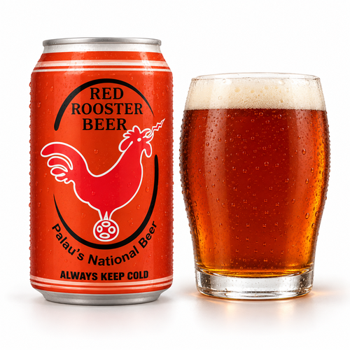 レッドルースター アンバーのラベル付き缶とビールを注いだグラス