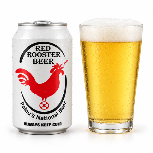 レッドルースター ライトのラベル付き缶とビールを注いだグラス