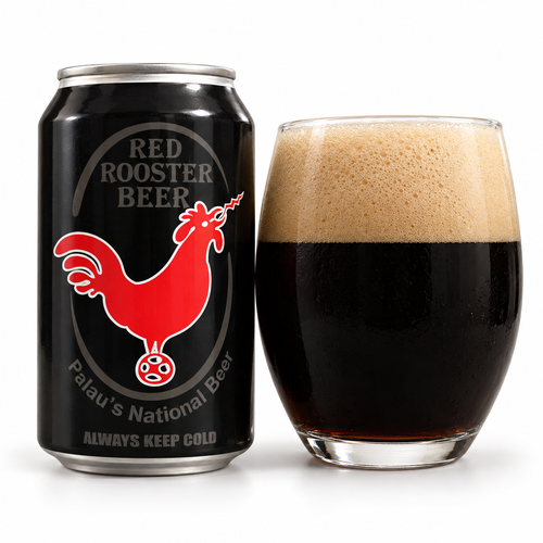 レッドルースター スタウトのラベル付き缶とビールを注いだグラス