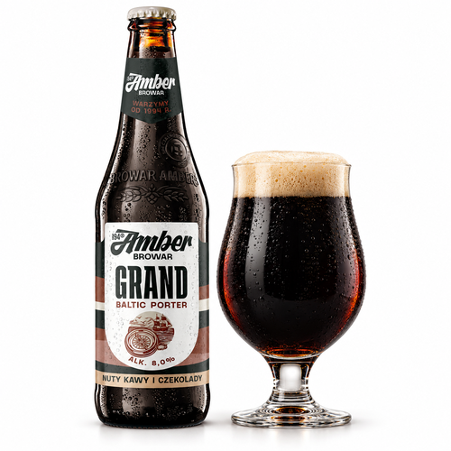 アンバー グランド・バルティック・ポーターのラベル付き瓶全体とビールを注いだグラス(生成イメージ)