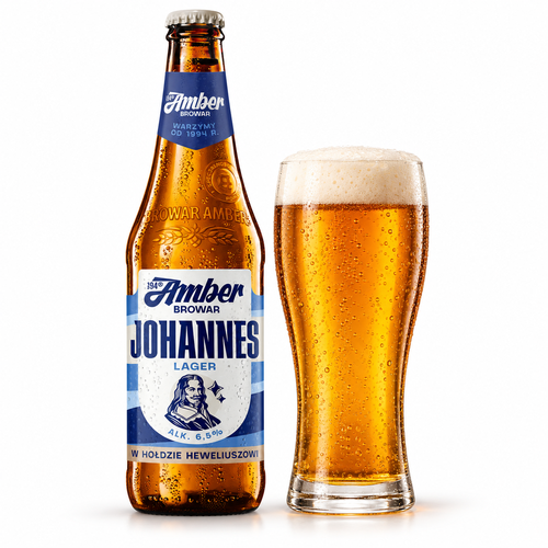 アンバー ヨハネスのラベル付き瓶全体とビールを注いだグラス(生成イメージ)