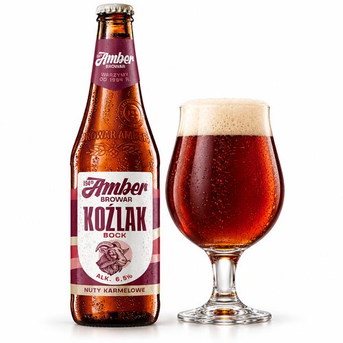 アンバー コズラクのラベル付き瓶全体とビールを注いだグラス(生成イメージ)