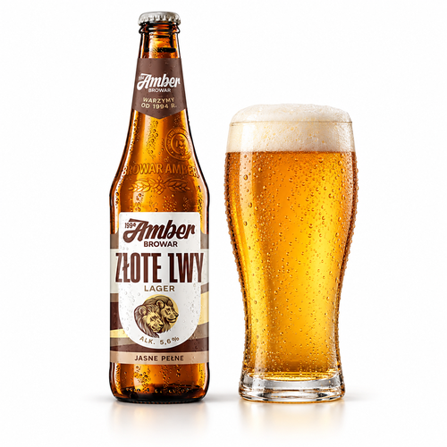 アンバー ズウォテ・ルヴィのラベル付き瓶全体とビールを注いだグラス(生成イメージ)