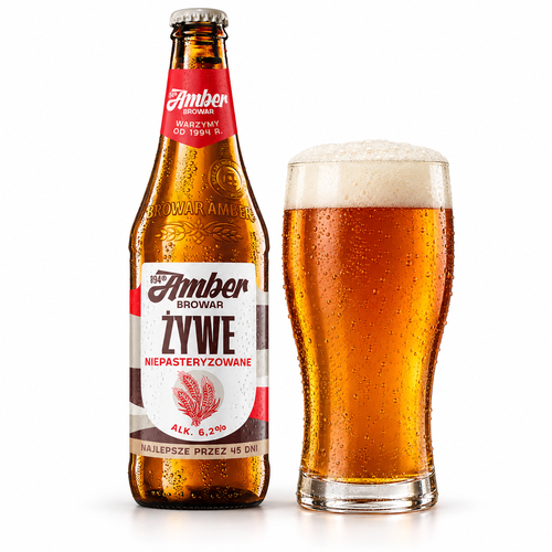 アンバー ジヴェのラベル付き瓶全体とビールを注いだグラス(生成イメージ)