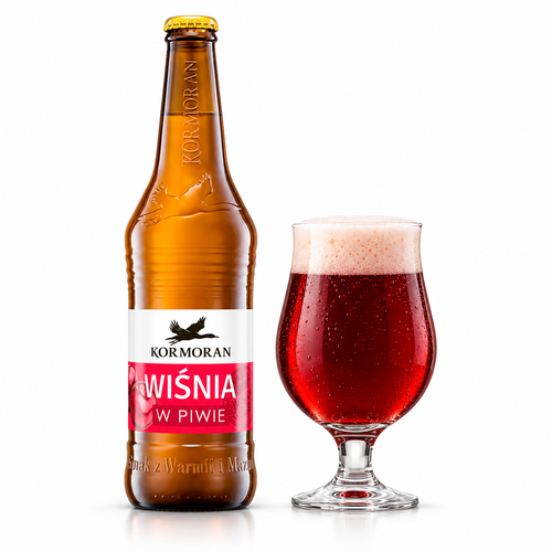 コルモラン ヴィシニャ・フ・ピヴィエのラベル付き瓶全体とビールを注いだグラス(生成イメージ)
