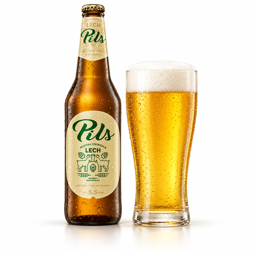 レフ ピルスのラベル付き瓶全体とビールを注いだグラス(生成イメージ)