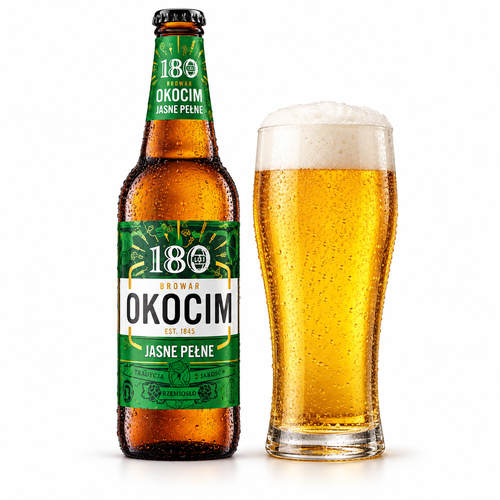 オコチム ヤスネ・ペウネのラベル付き瓶全体とビールを注いだグラス(生成イメージ)