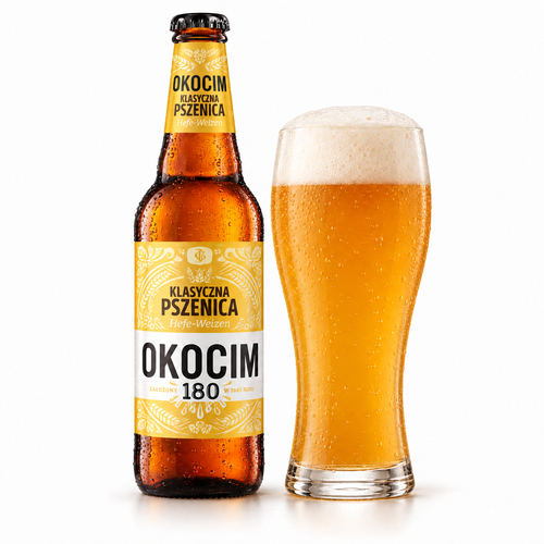 オコチム クラシチナ・プシェニツァのラベル付き瓶全体とビールを注いだグラス(生成イメージ)