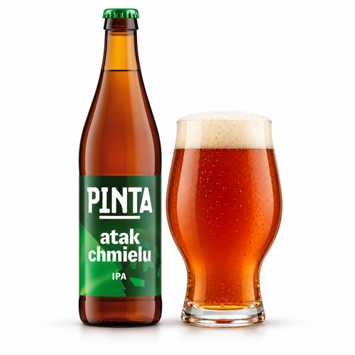 ピンタ アタク・フミエルのラベル付き瓶全体とビールを注いだグラス(生成イメージ)