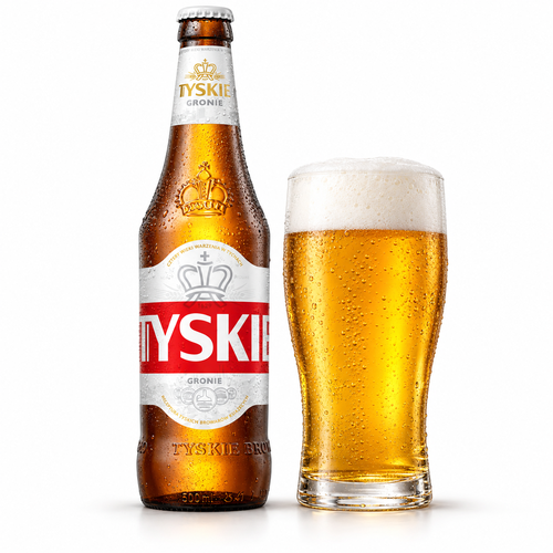 ティスキエ グロニェのラベル付き瓶全体とビールを注いだグラス(生成イメージ)