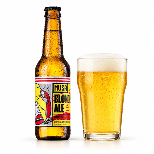 ムーザ ブロンディー エールのラベル付き瓶全体とビールを注いだグラス(生成イメージ)