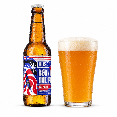ムーザ ボーン・イン・ジ・IPAのラベル付き瓶全体とビールを注いだグラス(生成イメージ)