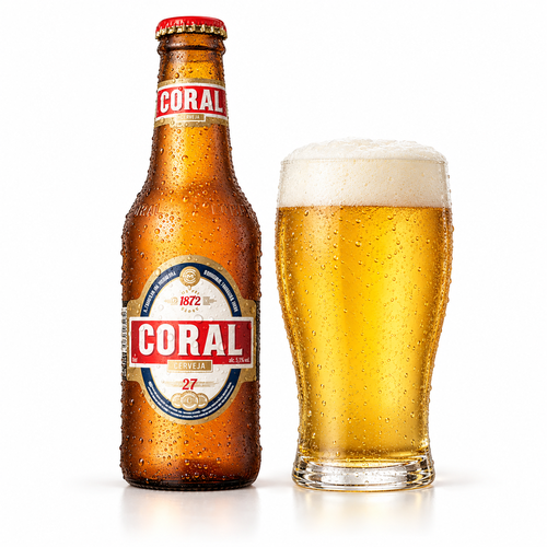 コーラル ビールのラベル付き瓶全体とビールを注いだグラス(生成イメージ)