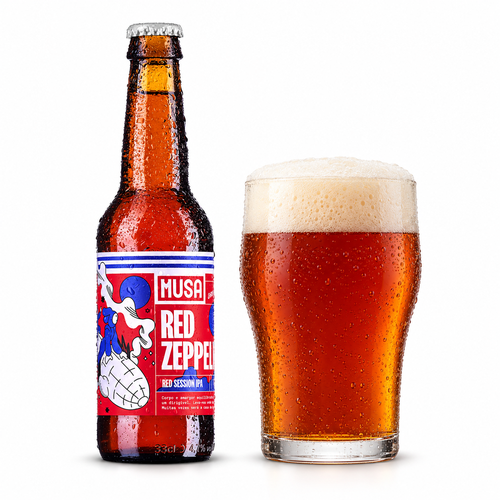 ムーザ レッド・ツェッペリンのラベル付き瓶全体とビールを注いだグラス(生成イメージ)。参照ラベルは旧4.7%仕様、現行メーカー公表値は5.0%。