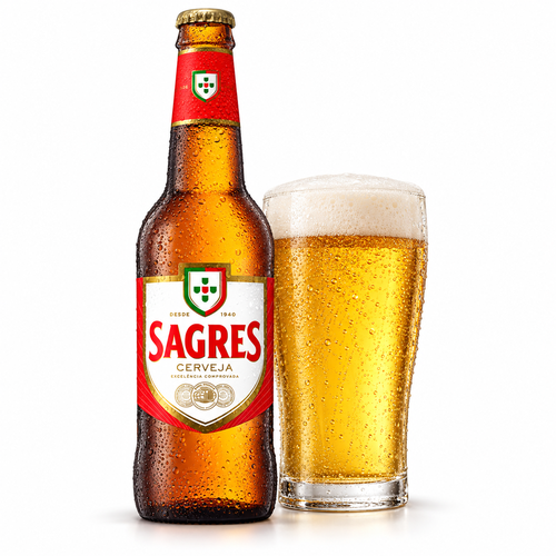 サグレス オリジナルのラベル付き瓶全体とビールを注いだグラス(生成イメージ)