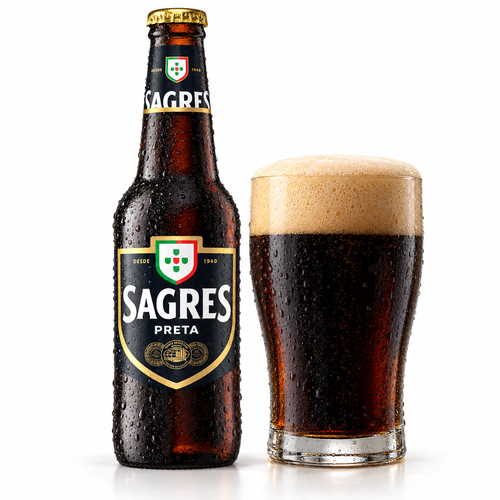 サグレス ブラックのラベル付き瓶全体とビールを注いだグラス(生成イメージ)