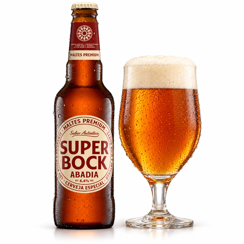 スーパーボック アバディアのラベル付き瓶全体とビールを注いだグラス(生成イメージ)