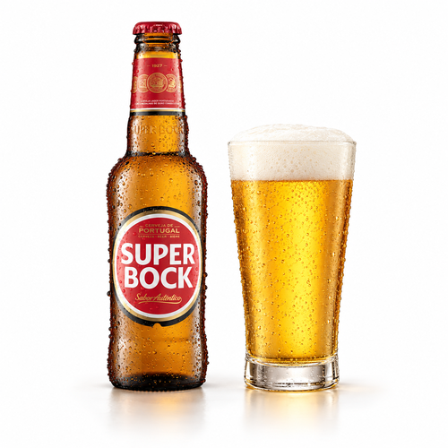 スーパーボック オリジナルのラベル付き瓶全体とビールを注いだグラス(生成イメージ)