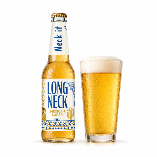 ダーリング・ブリュー ロング・ネック ラガーのラベル付き瓶全体とビールを注いだグラス（生成イメージ）