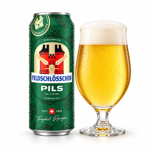 フェルドシュレッスヒェン ピルスの缶全体とグラス(生成イメージ)